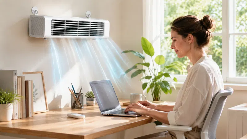 Appareil de refroidissement blanc compact diffusant une brume fraîche et rafraîchissante dans une pièce lumineuse.
